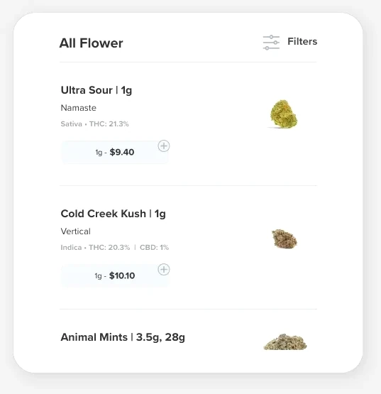 Jolly Green Cannabis online menu listing flower products with strain details and prices