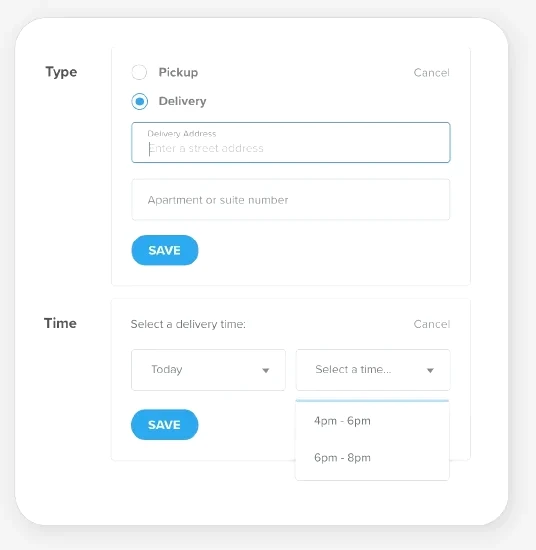 Delivery checkout screen for entering a street address and choosing a delivery time window